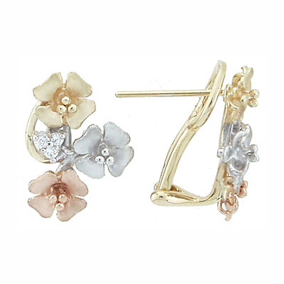 Trio of Flowers Huggie Earrings in 14K Tricolor Gold Slide 0