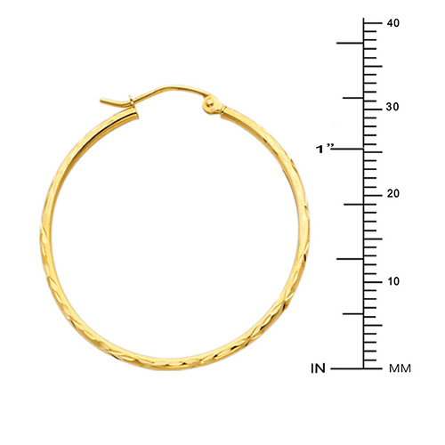 14K Yellow Gold Diamond-Cut Hinge Medium Hoop Earrings - 2mm x 1.3 inch Slide 1