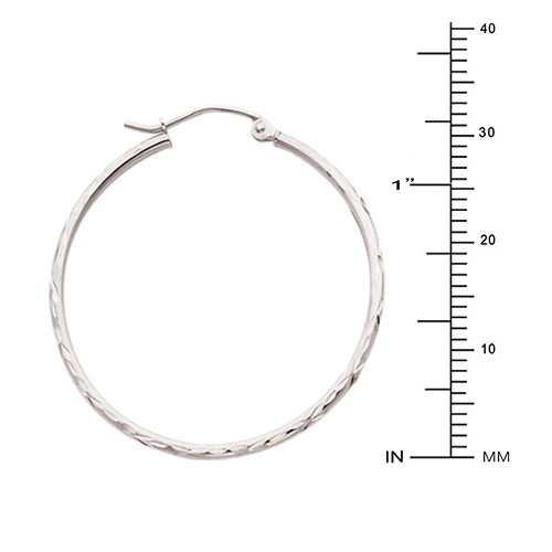 14K White Gold Diamond-Cut Hinge Medium Hoop Earrings - 2mm x 1.3 inch Slide 1