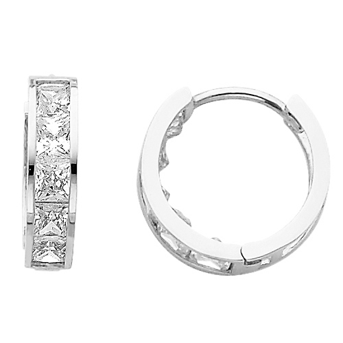 Thick 14K White Gold CZ Huggie Earrings 4mm x 15mm Slide 0