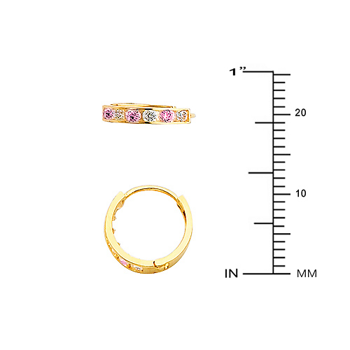 14K Yellow Gold 6-Stone Pink & White CZ  Huggie Earrings Slide 1