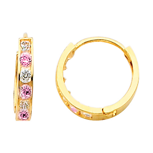 14K Yellow Gold 6-Stone Pink & White CZ  Huggie Earrings Slide 0