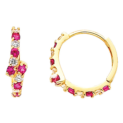 Bypass 14K Yellow Gold Red & White CZ Huggie Earrings 4mm x 13mm Slide 0