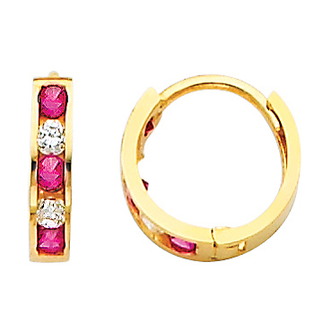 14K Yellow Gold 5-Stone Red & White CZ Huggie Earrings 2mm x 10mm Slide 0
