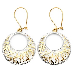 Crescent Filigree Cut-Out Circle Drop Earrings in 14K Two Tone Gold