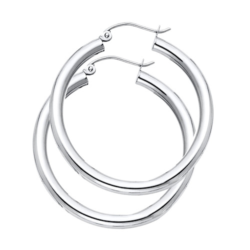 Medium High Polished Thick Hoop Earrings - 14K White Gold 3mm x 1.3 inch Slide 0