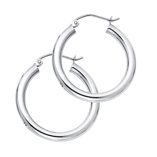 Medium High Polished Thick Hoop Earrings - 14K White Gold 3mm x 0.9 inch Slide 0