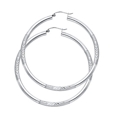Large High Polished & Satin Hoop Earrings - 14K White Gold 3mm x 1.8 inch