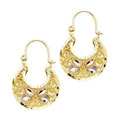 Fancy Filigree Diamond-Cut Hoop Earrings - 14K TriGold