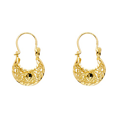 Fancy Crescent Faceted & Filigree Hoop Earrings - 14K Yellow Gold