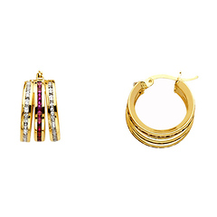 Mini Triple Fuschia Cubic Zirconia Hoop Earrings - 14K Yellow Gold 6mm x 0.3 inch