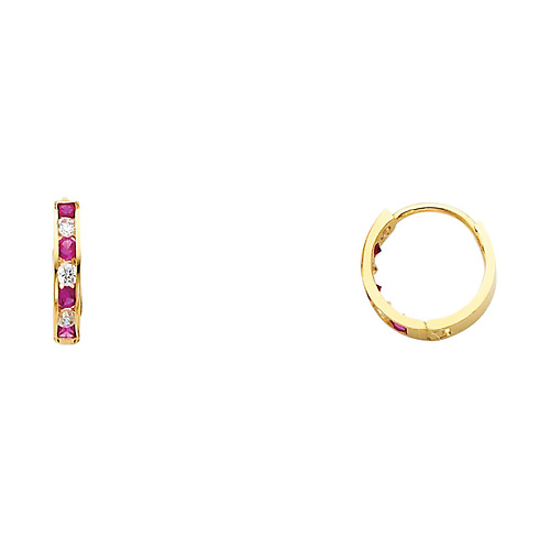 Fuchsia CZ Channel-Set 14K Yellow Gold Huggie Earrings - 2mm x 12mm Slide 0