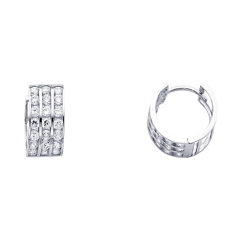 14K White Gold 3-Row Clear CZ Huggie Earrings 5mm x 14mm Slide 0