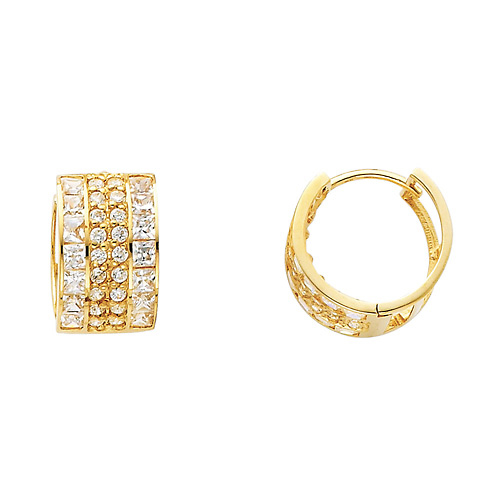 14K Yellow Gold Princess & Round CZ Huggie Earrings 10mm x 16mm Slide 0