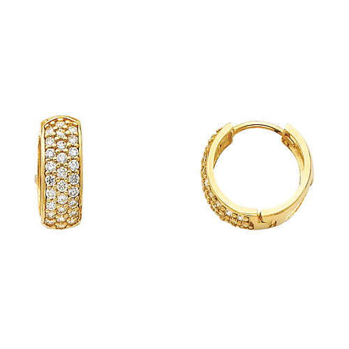 14K Yellow Gold 3-Row Dome Pave CZ Huggie Earrings 6mm x 15mm Slide 0