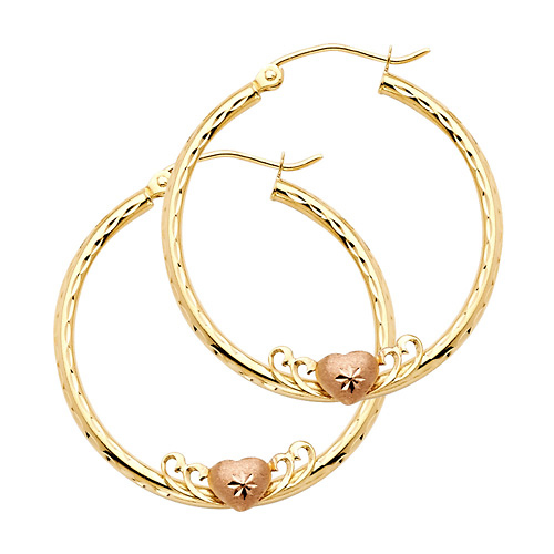 14K Yellow Gold Medium Heart Diamond-Cut Hoop Earrings - 2mm x 1.1 inch Slide 0