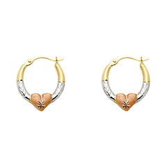 14K Tricolor Gold Small Heart Diamond-Cut Oval Hoop Earrings
