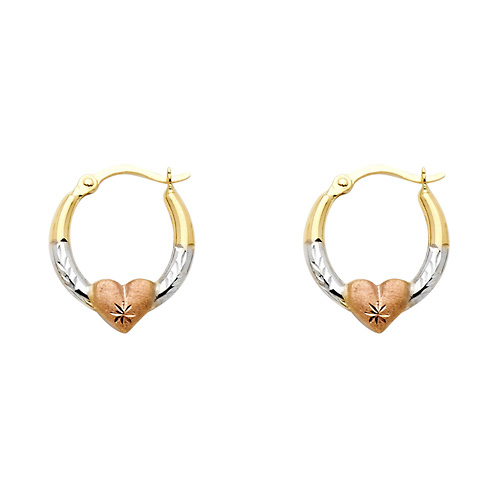 14K Tricolor Gold Small Heart Diamond-Cut Oval Hoop Earrings Slide 0
