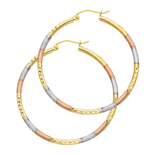 Medium 14K TriGold Diamond-Cut Hoop Earrings - 2mm x 1.3 inch Slide 0