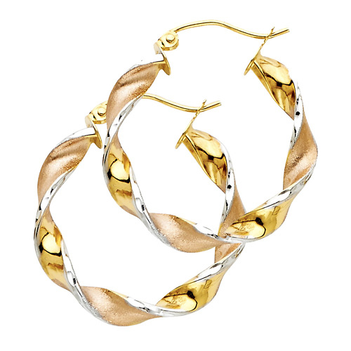 14K Tricolor Gold Medium Twisted Satin Polished Hoop Earrings - 4mm x 0.9 inch Slide 0