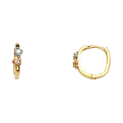 14K TriGold Double Flower CZ Huggie Earrings