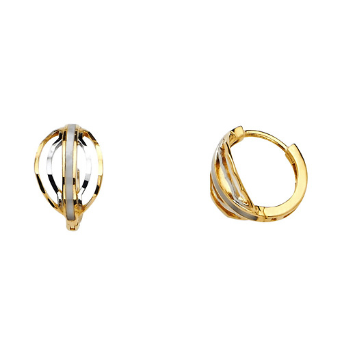 14K Two-Tone Gold Faceted & Matte Huggie Earrings - 9mm x 12mm Slide 0