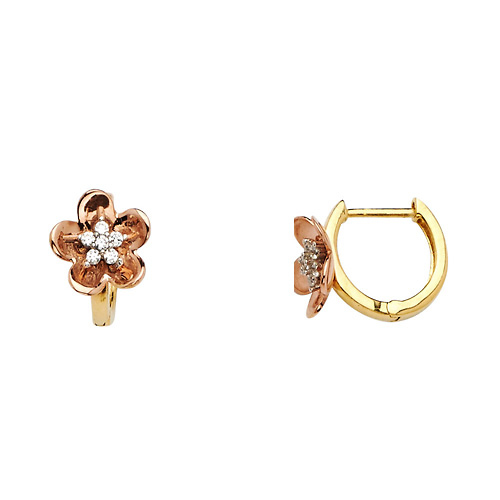 14K Two-Tone Gold Polished Flower CZ Huggie Earrings Slide 0