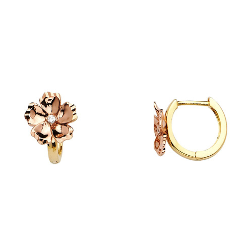 14K Two-Tone Gold Faceted Flower Round CZ Huggie Earrings Slide 0