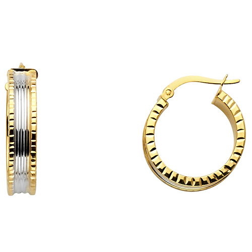 Faceted Wide Small Hoop Earrings - 14K Two-Tone Gold 6mm x 0.7 inch Slide 0