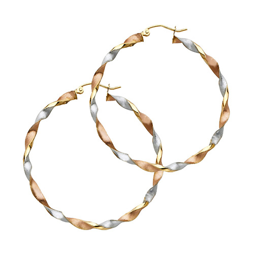 14K TriGold Large Twisted Hoop Earrings - 3mm x 1.7 inch Slide 0