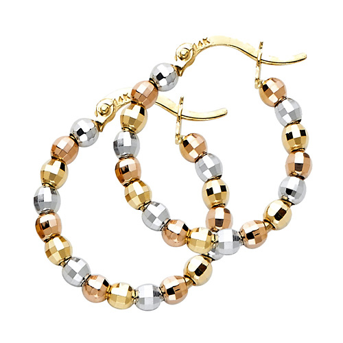 Small 14K Tricolor Gold Faceted Beaded Hoop Earrings - 3mm x 0.7 inch Slide 0