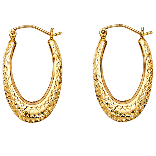 14K Yellow Gold Crescent Oval Diamond-Cut Hoop Earrings Slide 0