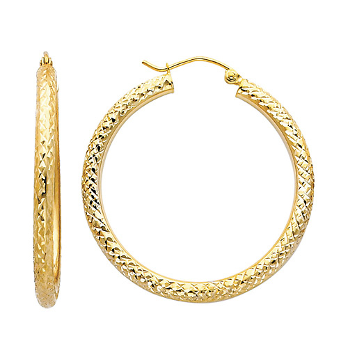 Medium Rounded Diamond-Cut Hoop Earrings - 14K Yellow Gold 3mm x 1.3 inch Slide 0