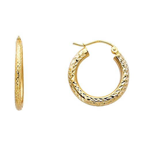 Small Rounded Diamond-Cut Hoop Earrings - 14K Yellow Gold 3mm x 0.7 inch Slide 0