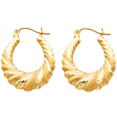 Medium 14K Yellow Gold Oval Ribbed Brushed Hoop Earrings