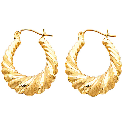 Medium 14K Yellow Gold Oval Ribbed Brushed Hoop Earrings Slide 0