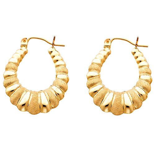 Medium 14K Yellow Gold Crescent Ribbed Brushed Hoop Earrings Slide 0