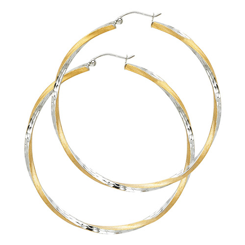 Large Twisted Satin Diamond-Cut Hinge Hoop Earrings - 14K Two-Tone Gold 2.6mm x 1.7 inch Slide 0