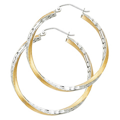 Medium Twisted Satin Diamond-Cut Hinge Hoop Earrings - 14K Two-Tone Gold 2.6mm x 1.3 inch