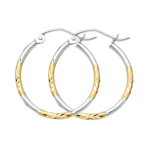 Small Diamond-Cut Hoop Earrings - 14K Two-Tone Gold 2mm x 0.7 inch Slide 0