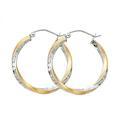 Small Twisted Satin Diamond-Cut Hinge Hoop Earrings - 14K Two-Tone Gold 2.6 mm x 0.7 inch