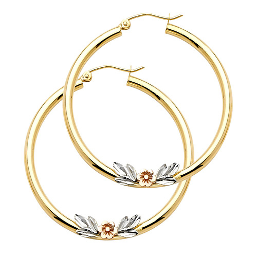 Medium Polished Flower Hoop Earrings - 14K Yellow Gold 2.5mm x 1.4 inch Slide 0