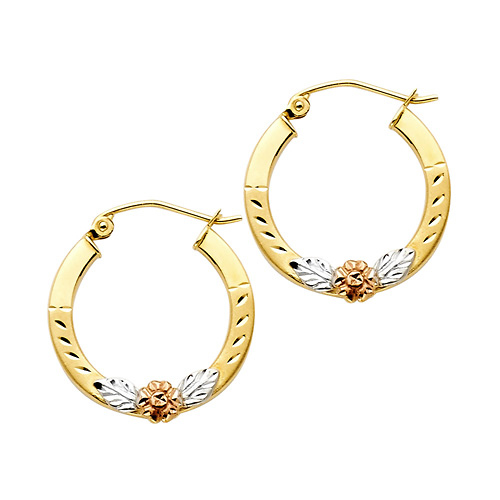 Small Flower Hinge Hoop Earrings - 14K Yellow Gold 19mm or 0.7 inch Slide 0