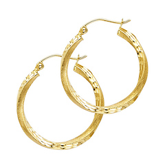 Small Twisted Satin Diamond-Cut Hinge Hoop Earrings - 14K Yellow Gold 2.6mm x 0.7 inch