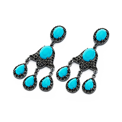DecoSkye Black CZ & Turquoise Silver Chandelier Earrings