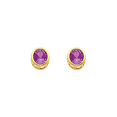 14K Yellow Gold Round Amethyst CZ February Birthstone Stud Earrings