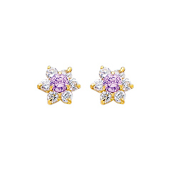 Flower Birthstone Color CZ Stud Earrings in 14K Yellow Gold