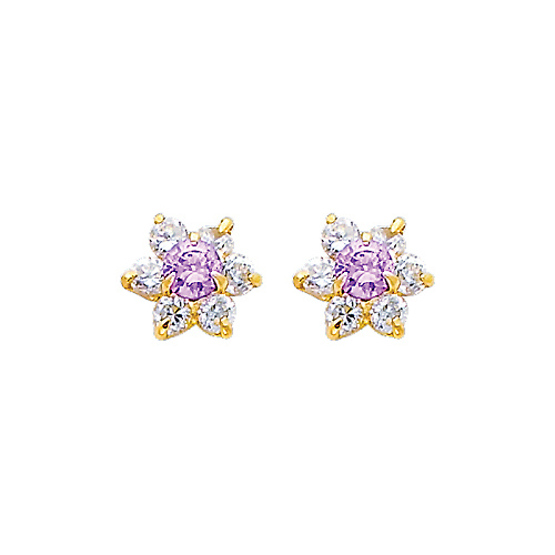 Flower Birthstone Color CZ Stud Earrings in 14K Yellow Gold Slide 0
