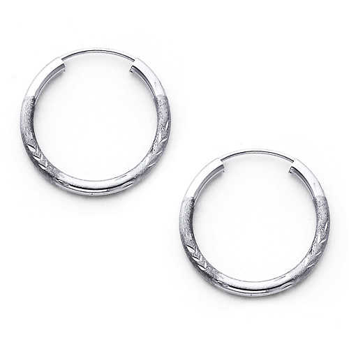 14K Real White Gold 2mm Thickness Diamond Cut Satin Polished Small Hoop Earrings