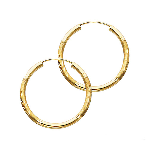 Diamond-Cut Satin Endless Medium Hoop Earrings - 14K Yellow Gold 2mm x 1.2 inch Slide 0